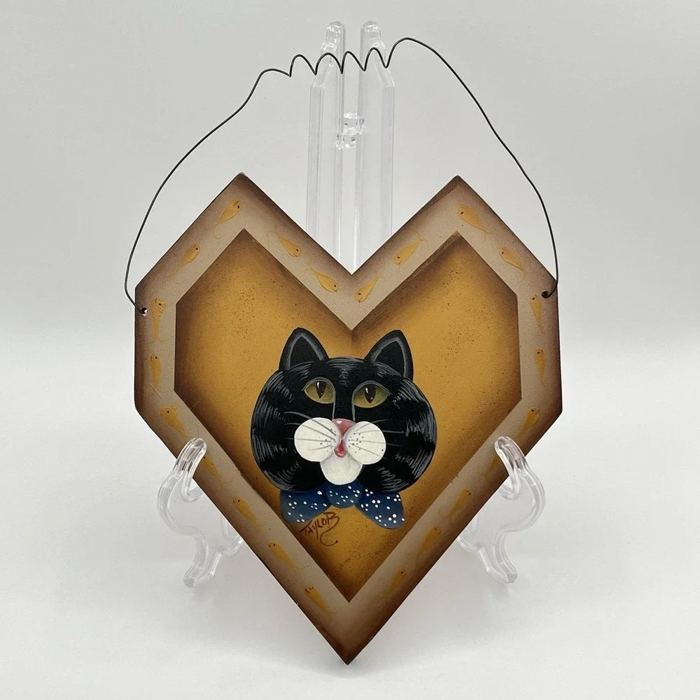 Vintage 1990's Cat Black Tabby Wood Rustic Country Painted Plaque Wall Decor 12